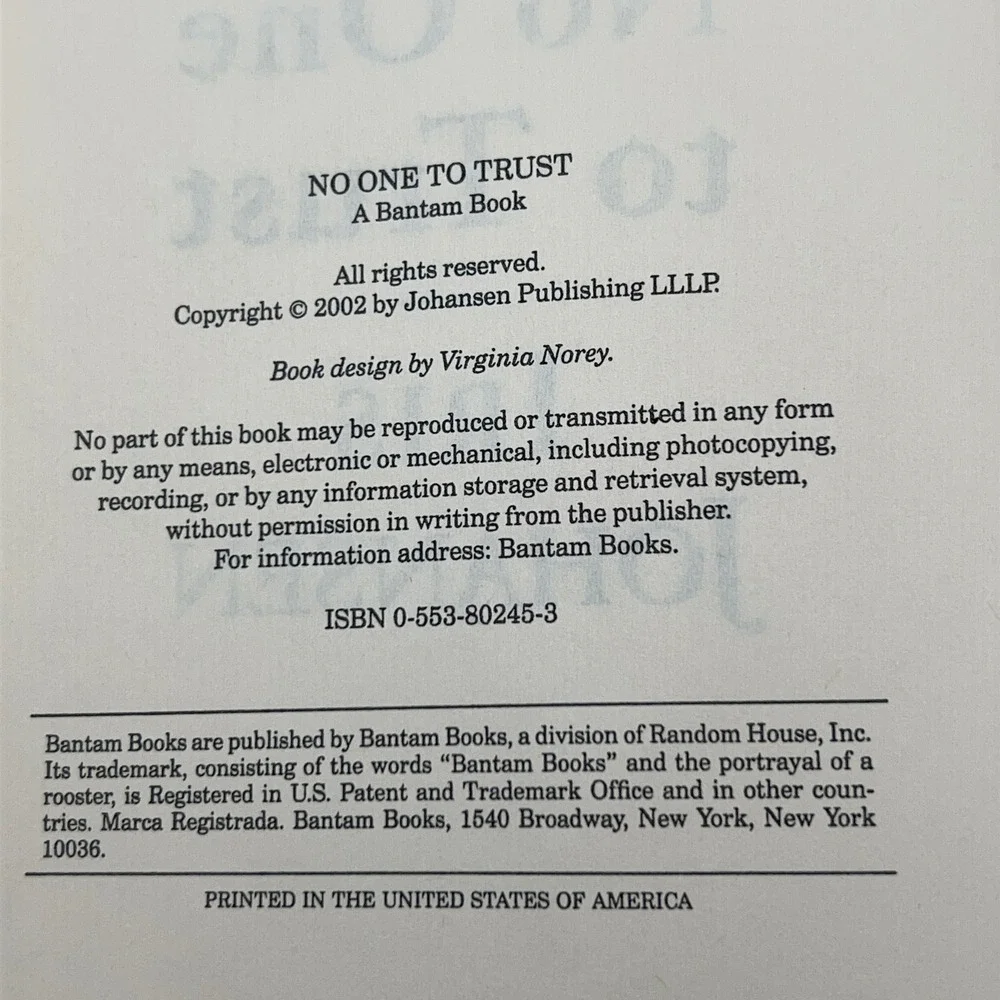 No One to Trust Iris Johansen‎ Hardcover 2002 Bantam Thriller Suspense